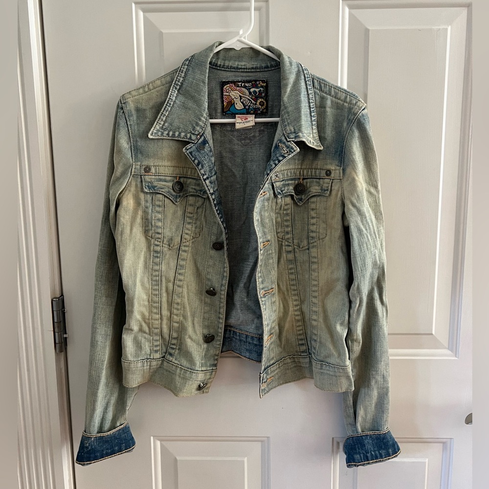True Religion Light Washed Distressed Denim Jacket